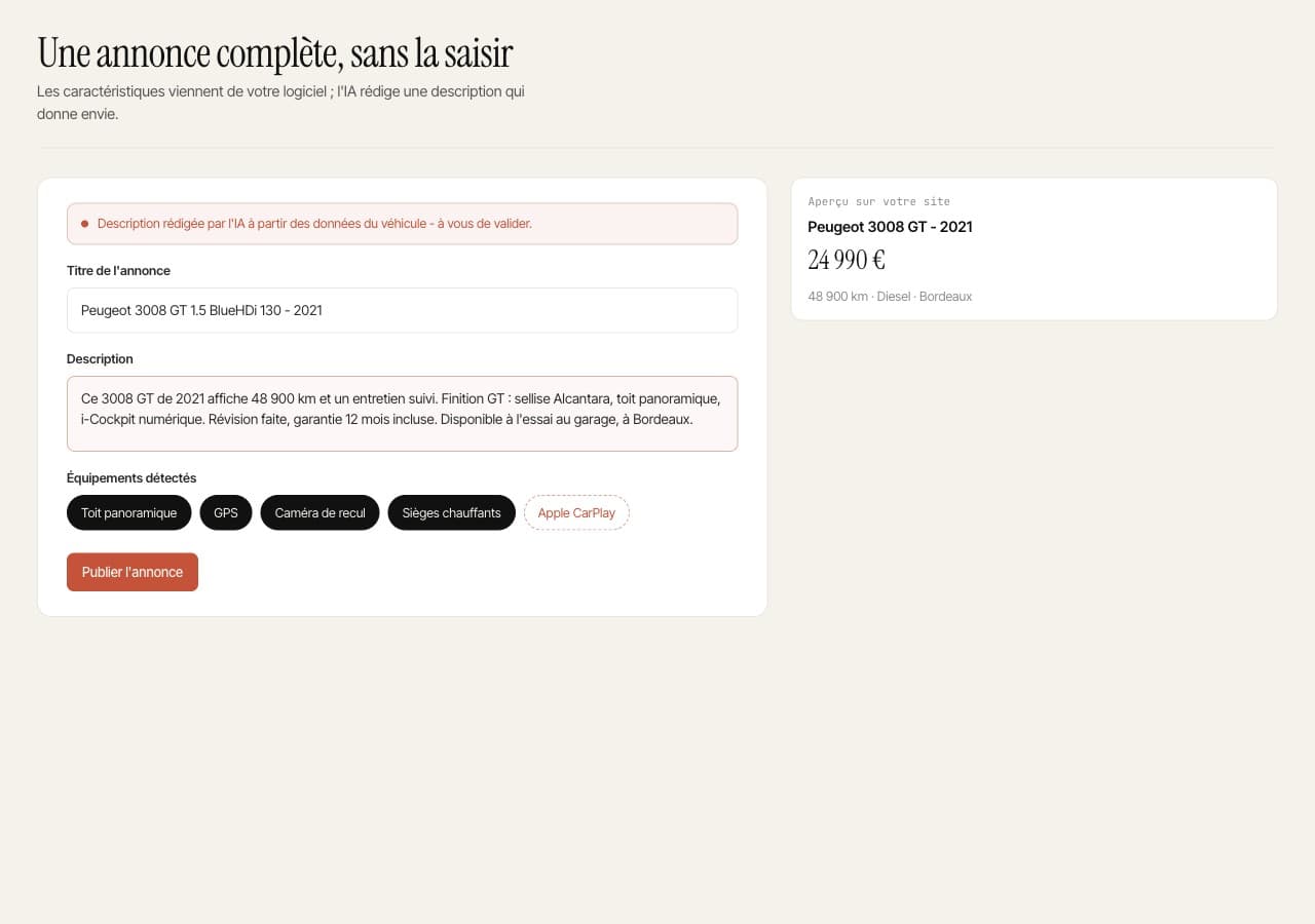 L'IA rédige la description à partir des données du véhicule - vous validez.