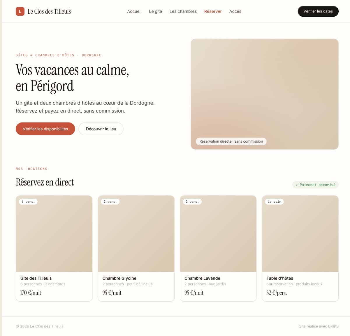 Le site du Clos des Tilleuls avec calendrier de disponibilités et réservation en direct.