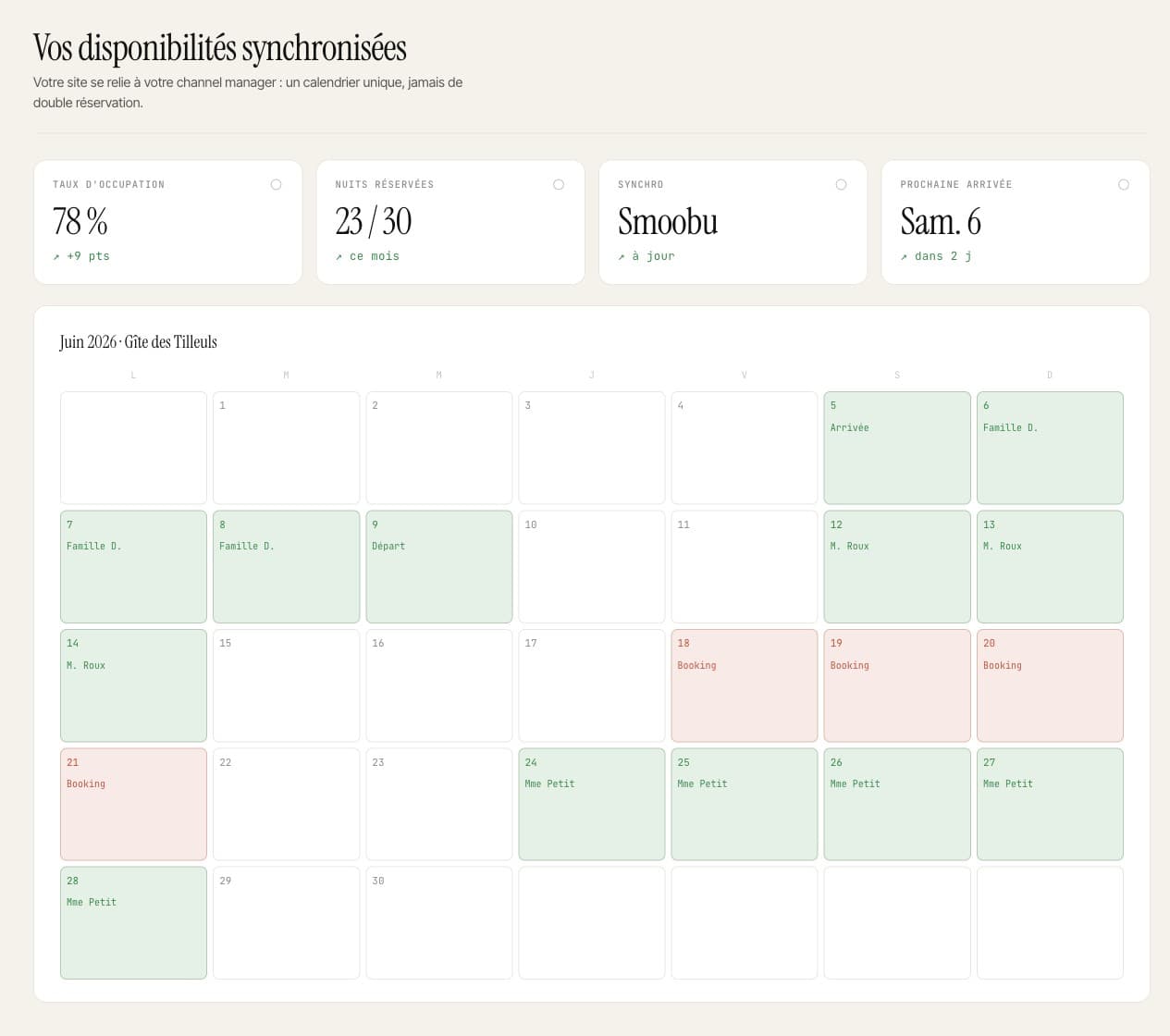 Vos dates libres sur un calendrier clair, alignées sur votre channel manager si vous en avez un.