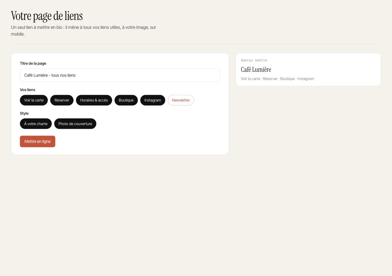 Votre page de liens à votre image - menu, réserver, réseaux, au même endroit.