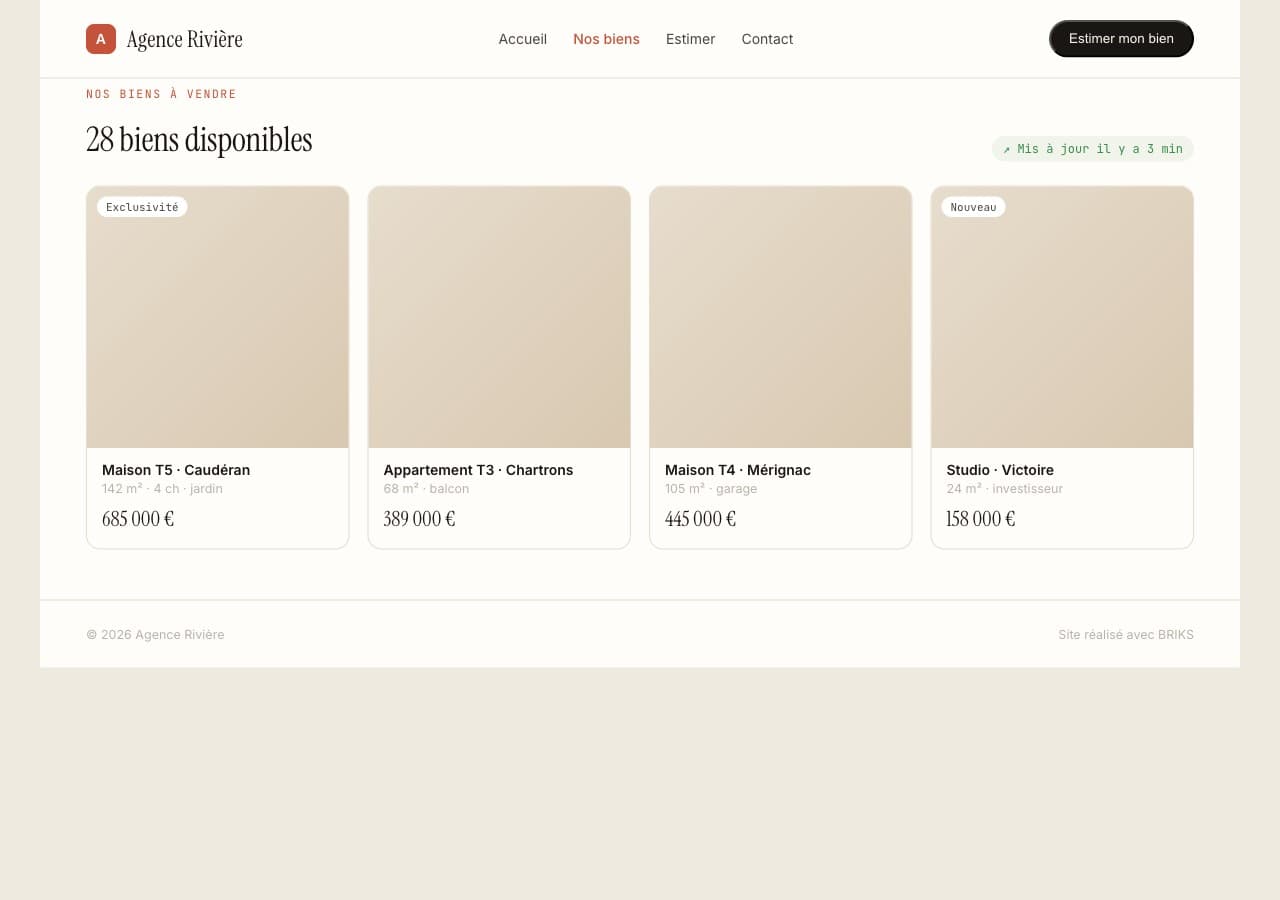 Le site de l'Agence Rivière avec ses biens en ligne et un formulaire de demande de visite.