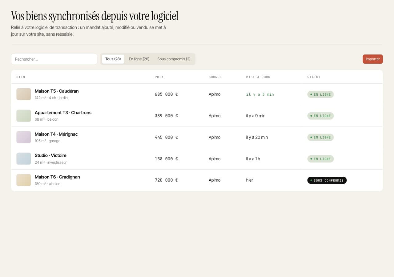 Vos biens, synchronisés depuis votre logiciel, à jour partout.