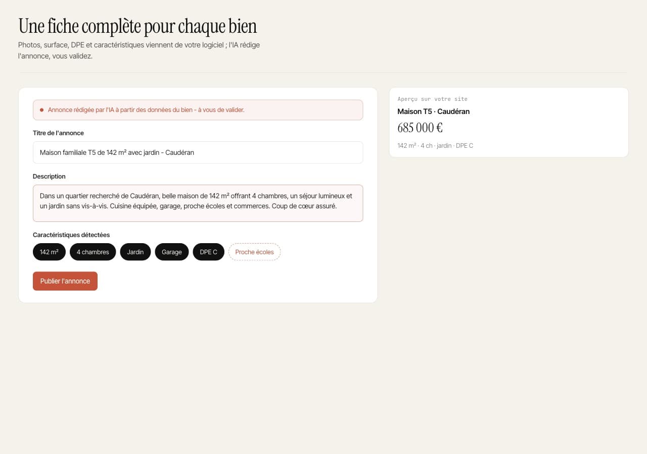 L'IA peut rédiger le descriptif à partir des données du bien - vous validez.