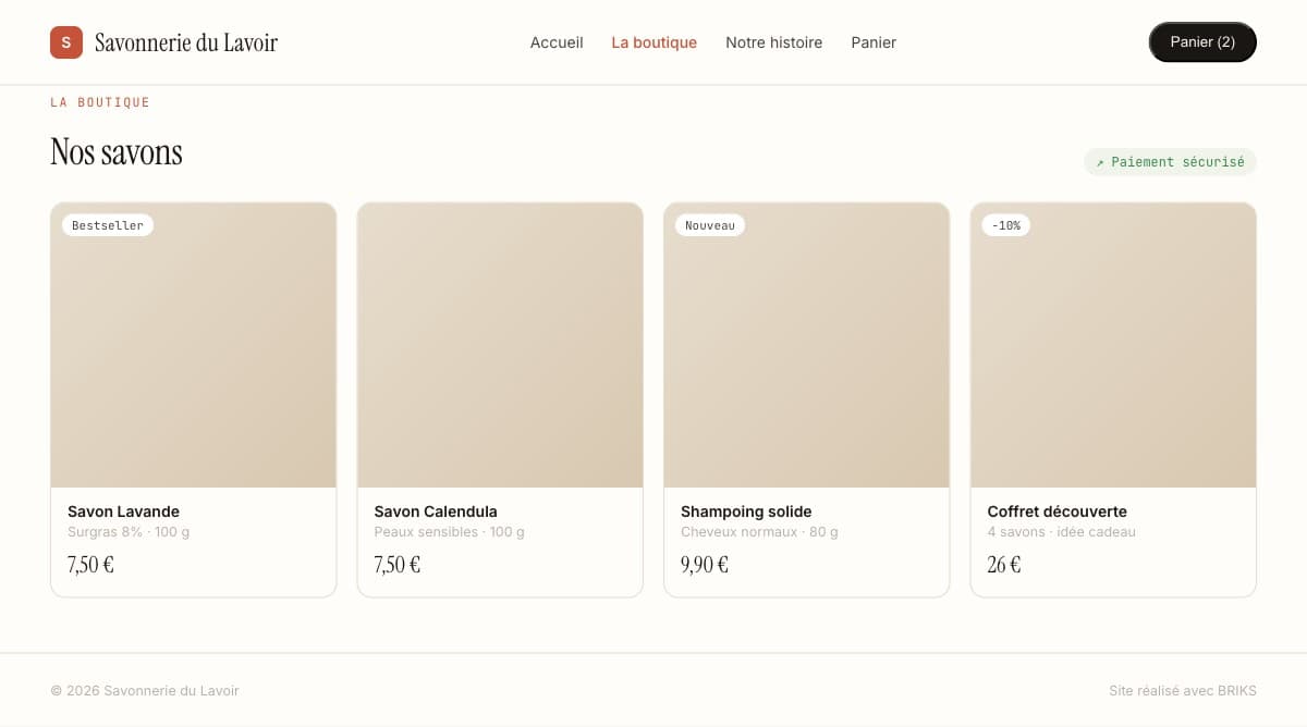La boutique en ligne de la savonnerie, produits présentés en grille avec prix et bouton d'achat.