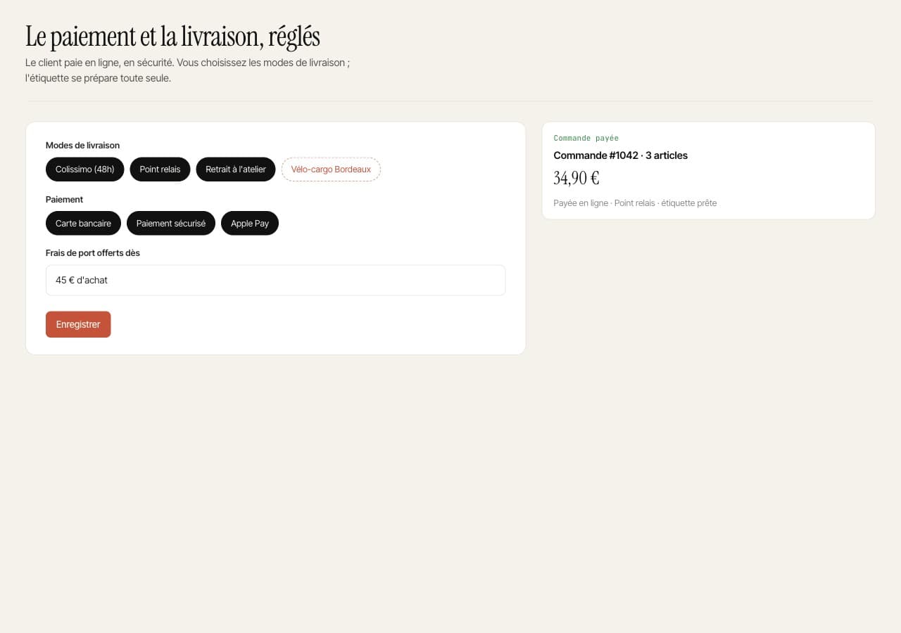 Un panier réglé en paiement en ligne sécurisé, livraison calculée automatiquement.