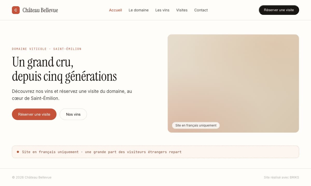 Un site en français uniquement, sans sélecteur de langue, incompréhensible pour un visiteur étranger.