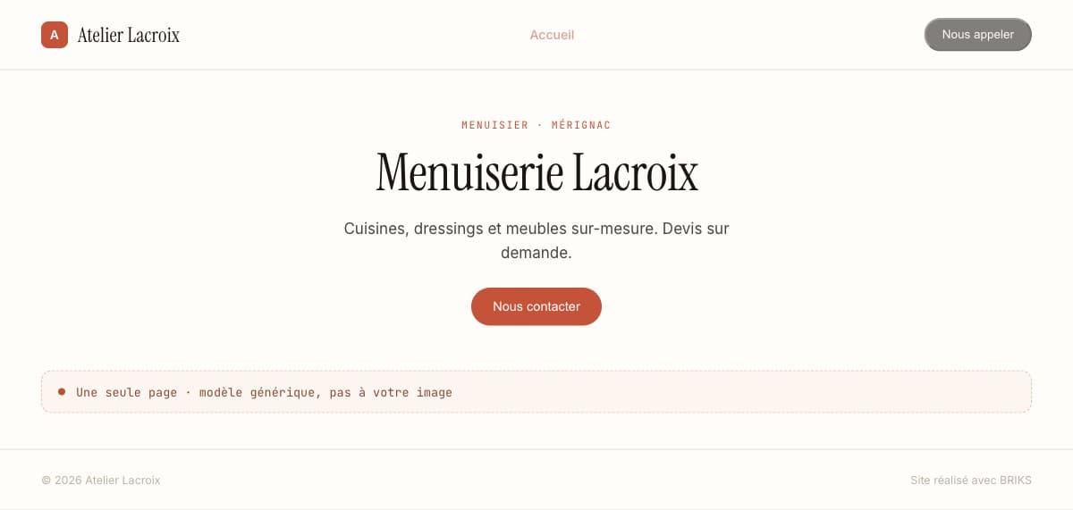 Un site d'une seule page, fine et générique, sans rubriques dédiées aux services ni aux réalisations.