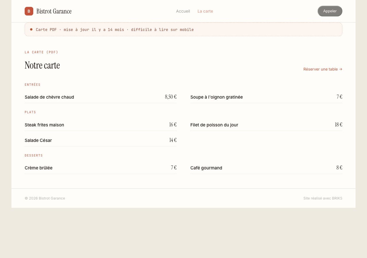 Une carte de restaurant statique affichée sur un mobile, datée de plusieurs mois et difficile à lire.