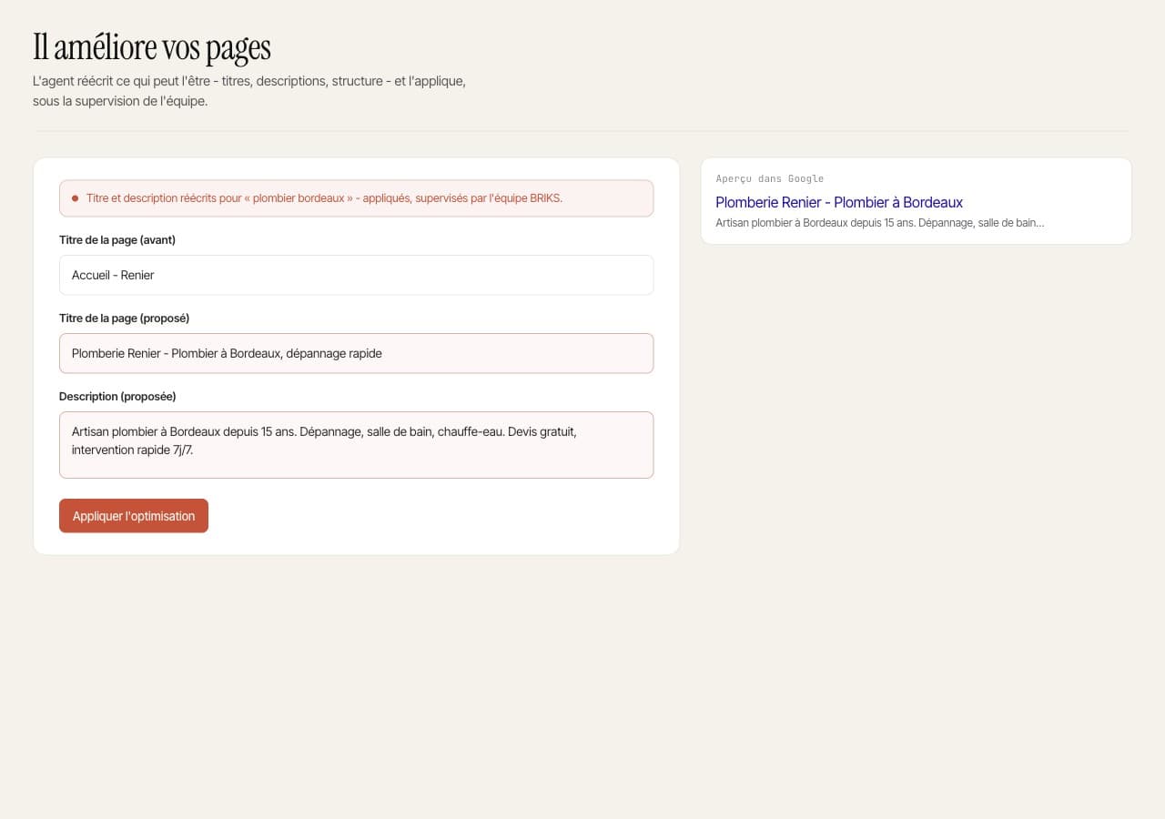 Les améliorations appliquées sur vos pages - titres, descriptions, vitesse - supervisées par l'équipe.