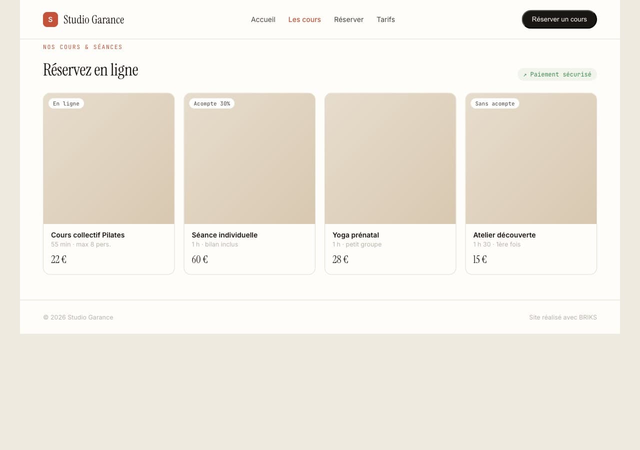 Le site du Studio Garance avec calendrier de réservation et paiement en ligne d'une séance.