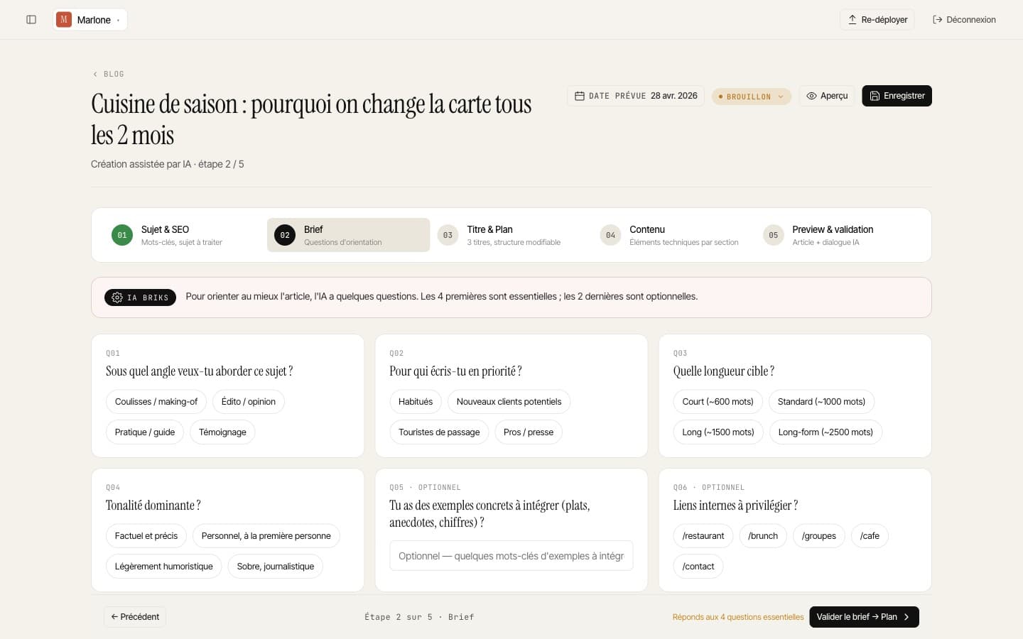 L'IA pose ses questions, vous répondez : vos réponses orientent l'article.